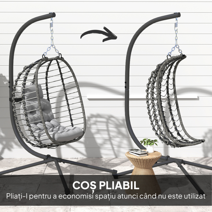  Scaun suspendat tip ou din ratan cu perna si tetiera, inaltime reglabila si sezut pliabil, gri [6]