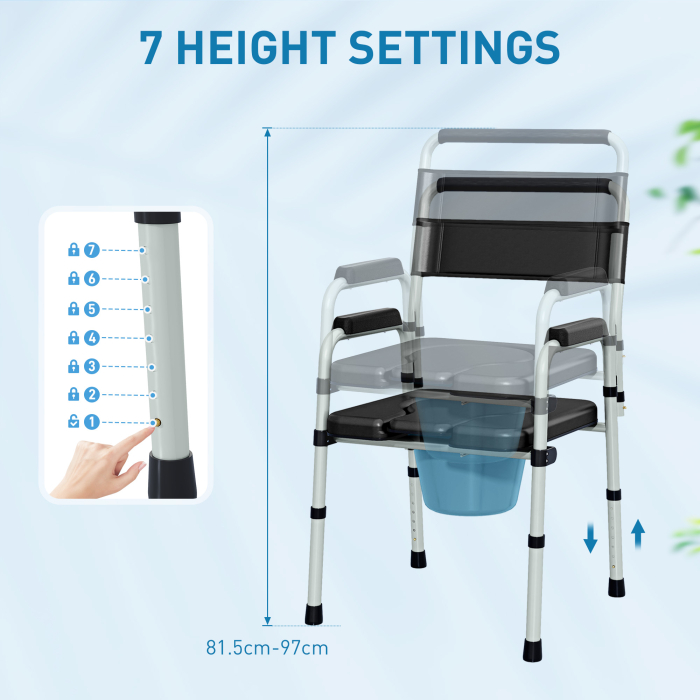  Scaun Toaleta Pliabil cu Galeata Detasabila, Brate si Spatar din Otel si Piele PU, 52,5x46x81,5-97 cm, Negru [6]
