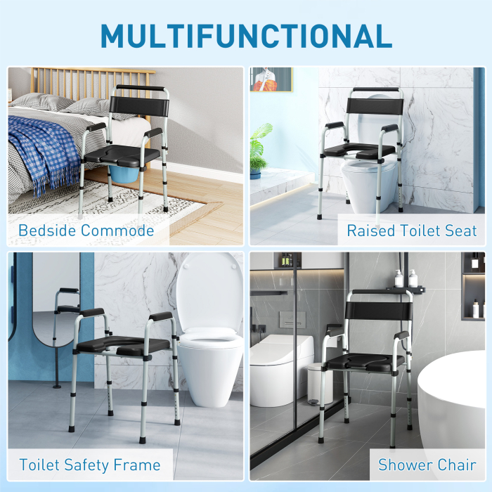  Scaun Toaleta Pliabil cu Galeata Detasabila, Brate si Spatar din Otel si Piele PU, 52,5x46x81,5-97 cm, Negru [4]