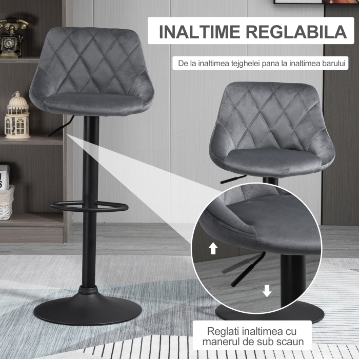 Scaune Bar x2 - Pivotante, Gri Catifelat, inaltime Reglabila [4]