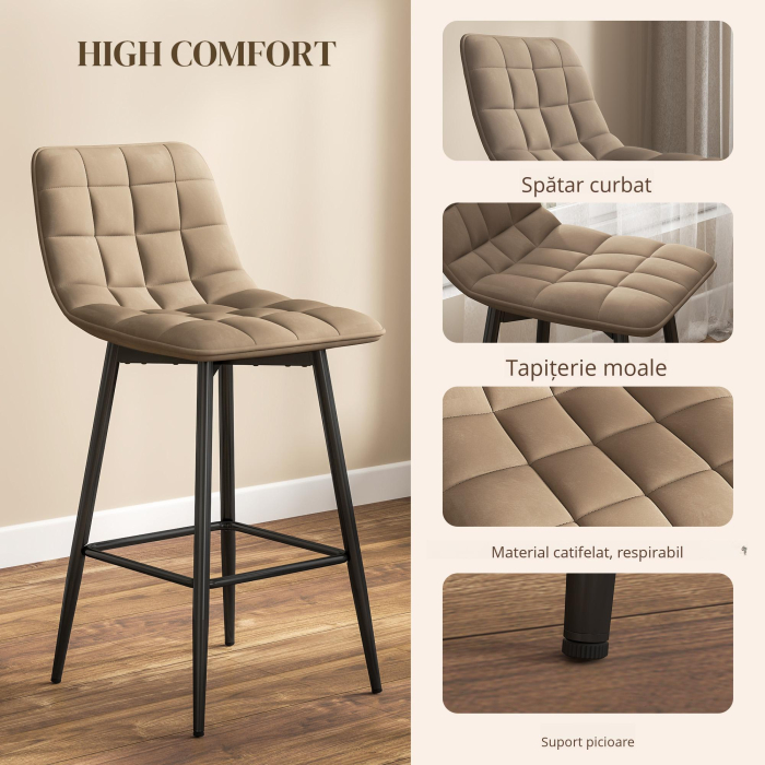  Scaune de bar Nordic, cu spatar si suport pentru picioare, 84 cm, din catifea si metal, Maro [5]
