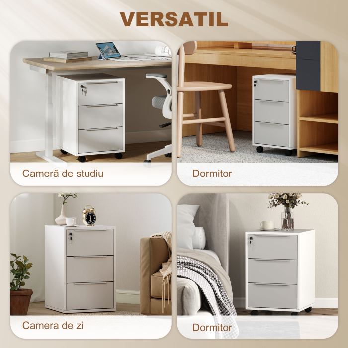  Schedario per Ufficio a 3 Cassetti con Chiavi di Sicurezza e 4 Ruote, in Legno, 40x40x63.5 cm, Bianco e Grigio [6]