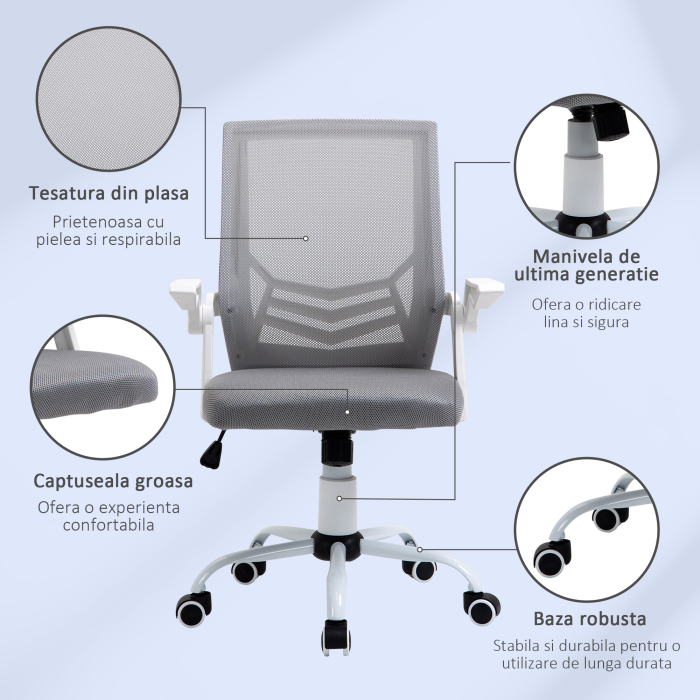  Sedia da Ufficio Ergonomica con Braccioli e Supporto Lombare, in Tessuto Effetto Lino, 62.5x55x94-104 cm, Grigia [8]