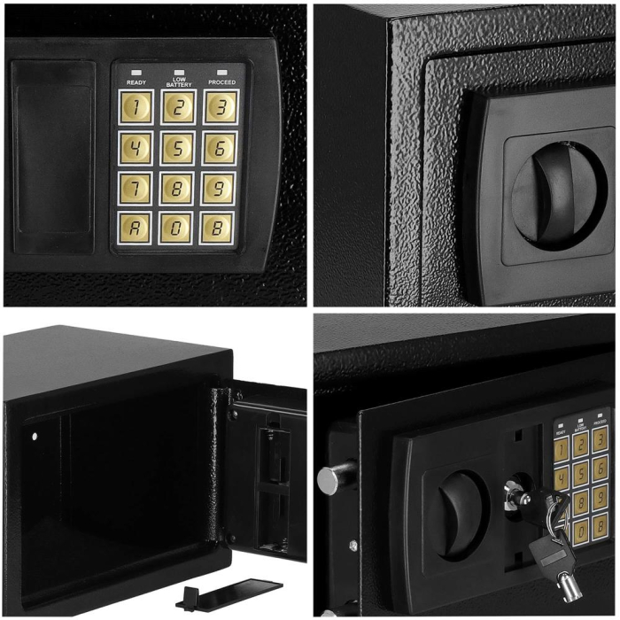 Seif electronic standard cu cifru si cheie, 200x310x200 mm, Otel, Negru [12]