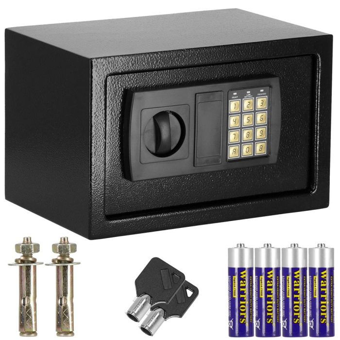 Seif electronic standard cu cifru si cheie, 200x310x200 mm, Otel, Negru [15]
