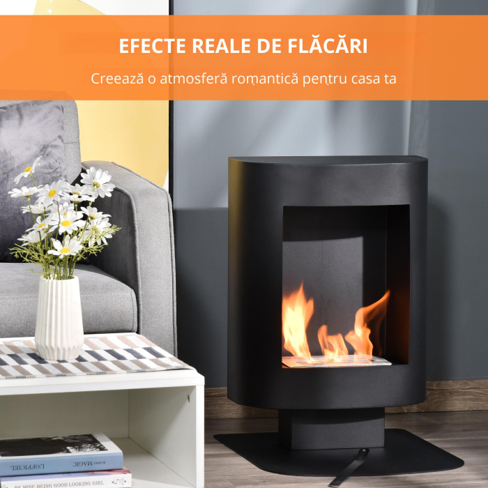 Semineu cu alcool portabil , fara aerisire, cu arzatoare cu bioetanol de 0.9 L/ 3 ore, incalzitoare cu baza din otel de 2000 W pentru interior si exterior, Negru [5]