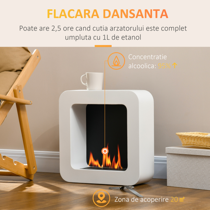  Semineu cu bioetanol montat pe perete , din metal, ardere de 2,5 ore, cu rezervor de 1 l si capac de 20 m², 48x18x48cm, alb [4]