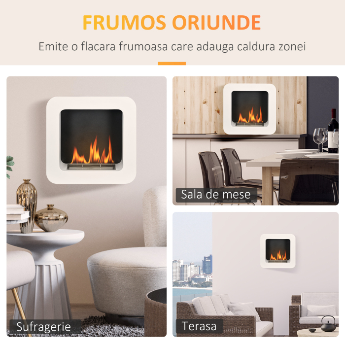  Semineu cu bioetanol montat pe perete , din metal, ardere de 2,5 ore, cu rezervor de 1 l si capac de 20 m², 48x18x48cm, alb [6]