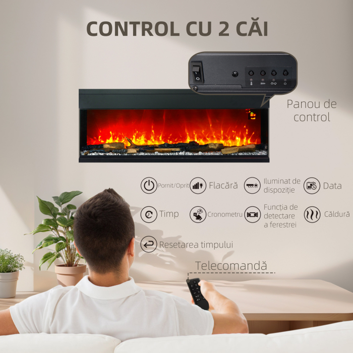  semineu Electric incorporat si de Perete 1800W cu Flacari LED Colorate Reglabile, Temperatura de pana la 40°C, Negru [5]