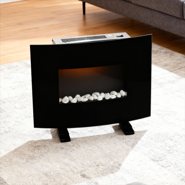 Semineu electric, montaj podea sau perete, efect de flacara, 2000W, 2 trepte, telecomanda, 61x14x48 cm, negru [2]