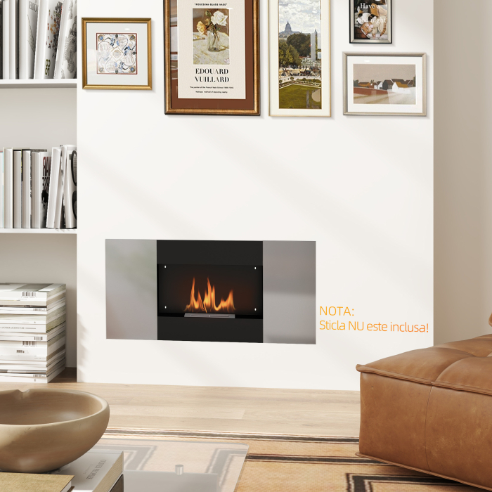  semineu pe Bioetanol de 0,9L pentru Durata de 3,3 ore, Biosemineu incastrabil din Otel si Sticla, 100x15x54 cm, Negru [6]