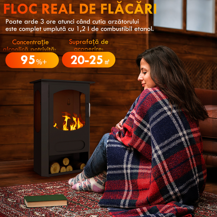  semineu pe Bioetanol Independent, Arzator de 1,2L, Durata 3 Ore, Suprafata incalzita 20-25 m², Negru [4]