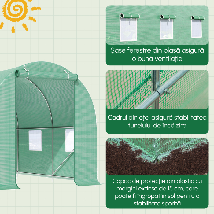  Sera cu Acoperis Rotunjit din PE, 4,5x2x2 m, Verde [4]