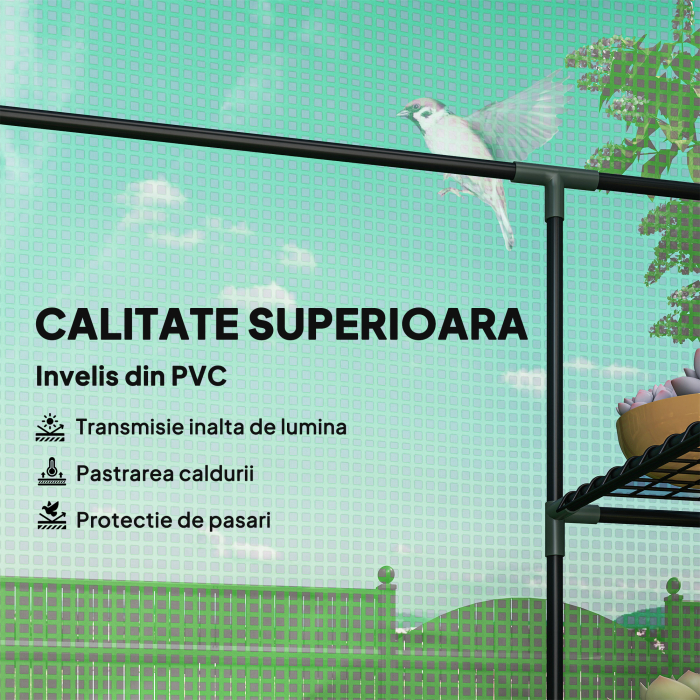  Sera de Gradina cu 2 Rafturi pe 3 Niveluri si Intrare cu Fermuar, din Otel si PE, 142x73x195 cm, Verde [4]