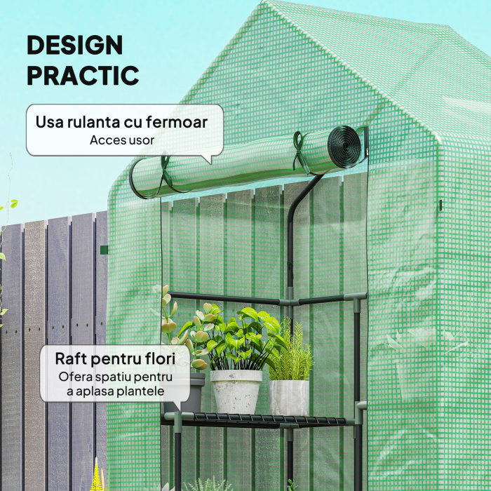 Sera de Gradina cu 2 Rafturi pe 3 Niveluri si Intrare cu Fermuar, din Otel si PE, 142x73x195 cm, Verde [5]