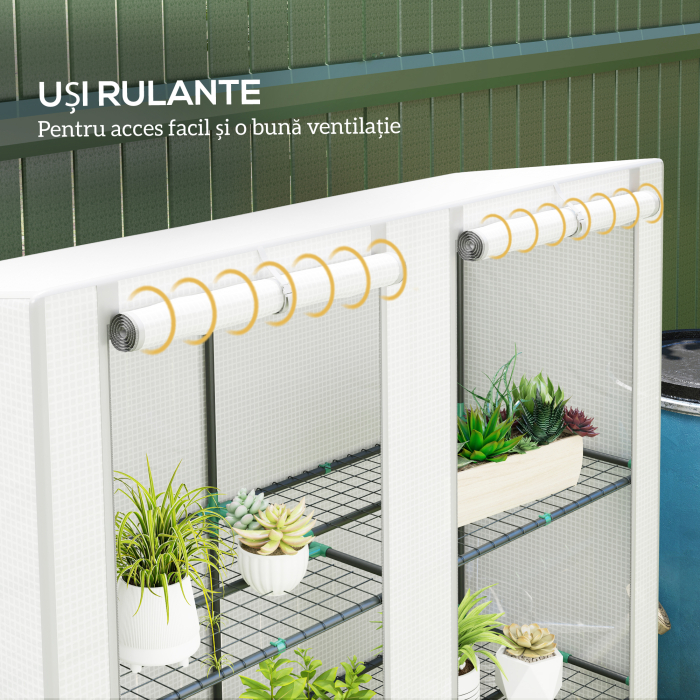  Sera de Gradina cu 2 Usi Rulabile, Raft cu 3 Niveluri si Buzunare Laterale, Alb si Gri [6]