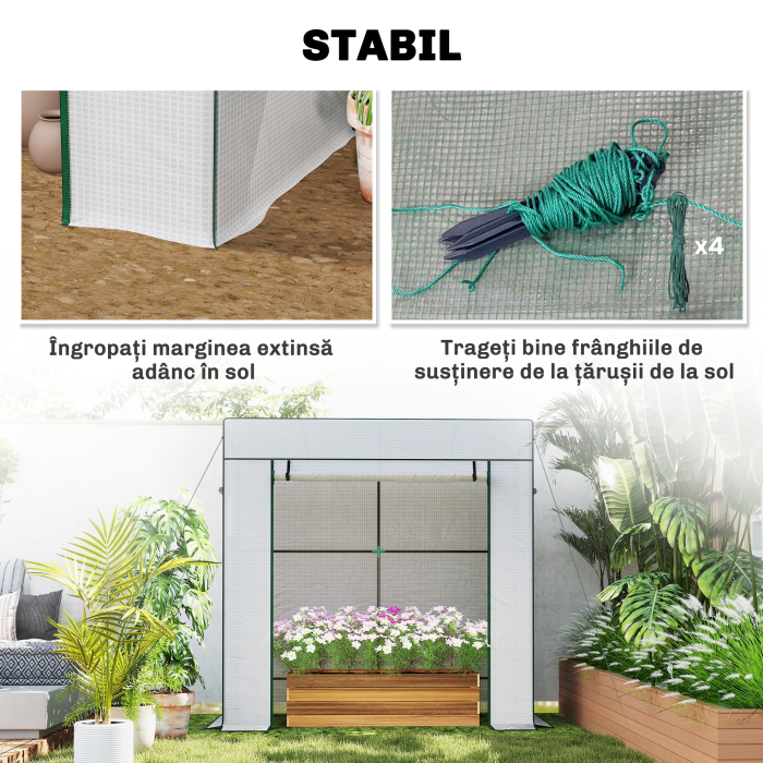  Sera de Gradina cu Acoperis inclinat, 2 Ferestre si Usa Rulabila, Sera pentru Gradina cu Structura din Otel, Acoperis din PE Anti-UV, pentru Gradina, Legume, Flori, Plante, 196x77x197 cm, Alb [7]