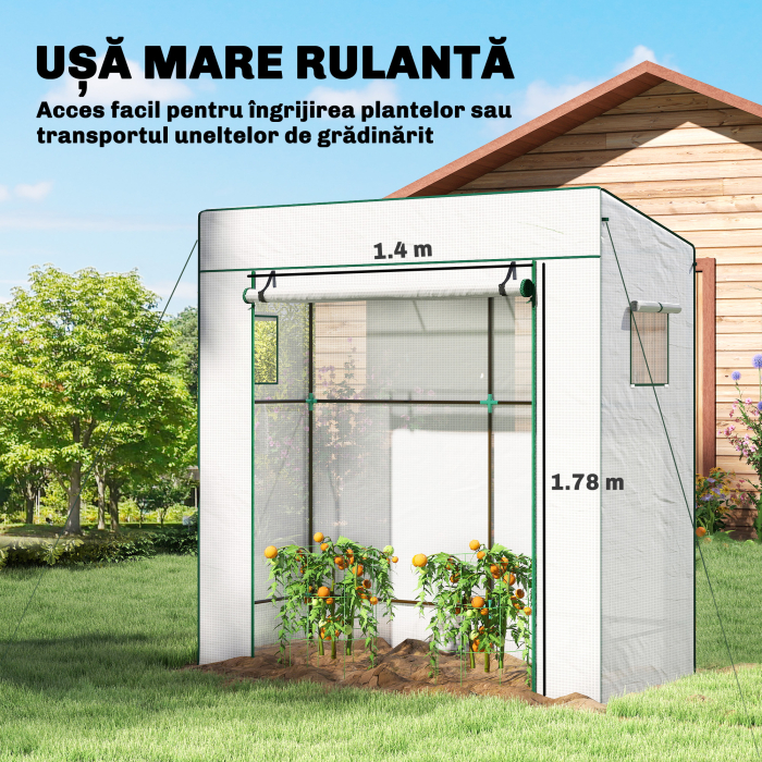  Sera de Gradina cu Acoperis inclinat, 2 Ferestre si Usa Rulabila, Sera pentru Gradina cu Structura din Otel, Acoperis din PE Anti-UV, pentru Gradina, Legume, Flori, Plante, 196x77x197 cm, Alb [5]