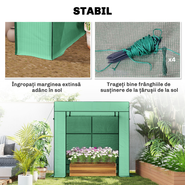  Sera de Gradina cu Acoperis inclinat, 2 Ferestre si Usa Rulabila, Sera pentru Legume cu Structura din Otel, Acoperire din PE Anti-UV, pentru Legume, Flori, Plante, 196x77x197 cm, Verde [7]