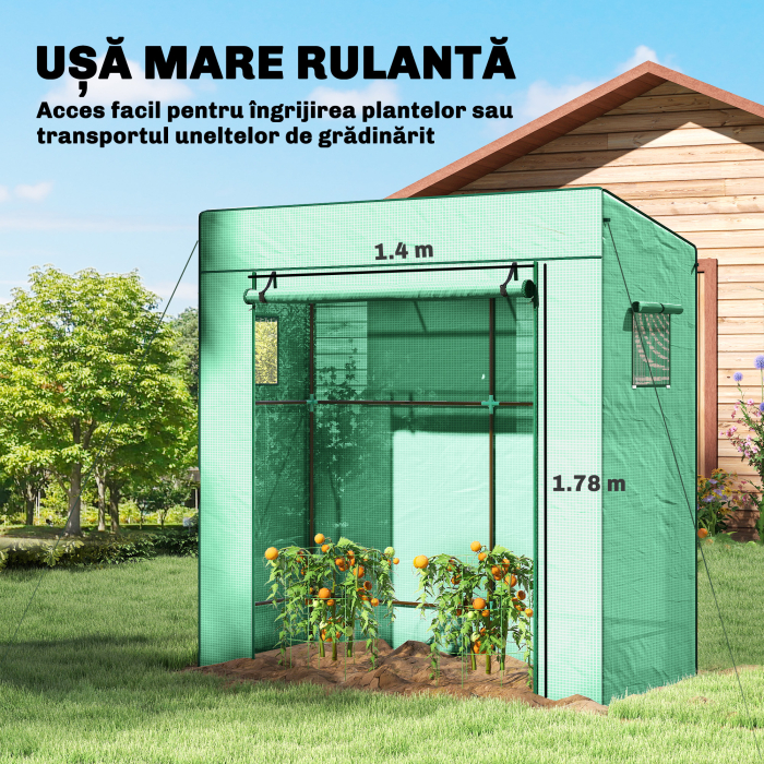  Sera de Gradina cu Acoperis inclinat, 2 Ferestre si Usa Rulabila, Sera pentru Legume cu Structura din Otel, Acoperire din PE Anti-UV, pentru Legume, Flori, Plante, 196x77x197 cm, Verde [5]