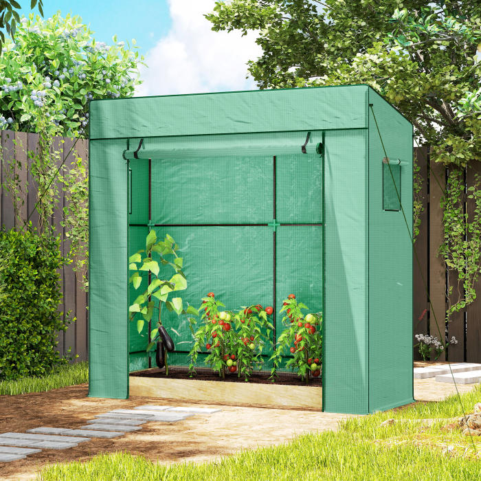  Sera de Gradina cu Acoperis inclinat, 2 Ferestre si Usa Rulabila, Sera pentru Legume cu Structura din Otel, Acoperire din PE Anti-UV, pentru Legume, Flori, Plante, 196x77x197 cm, Verde [8]