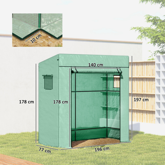  Sera de Gradina cu Acoperis inclinat, 2 Ferestre si Usa Rulabila, Sera pentru Legume cu Structura din Otel, Acoperire din PE Anti-UV, pentru Legume, Flori, Plante, 196x77x197 cm, Verde [3]