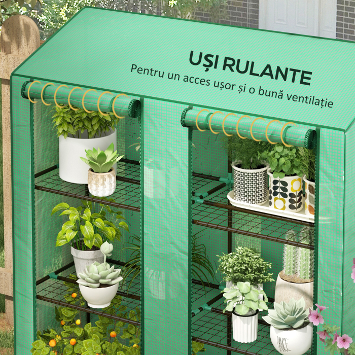  Sera de Gradina cu Copertina din PE, Sera cu Acoperis inclinat, 2 Usi Rulante si 6 Rafturi, 143x46x151cm, Verde [6]