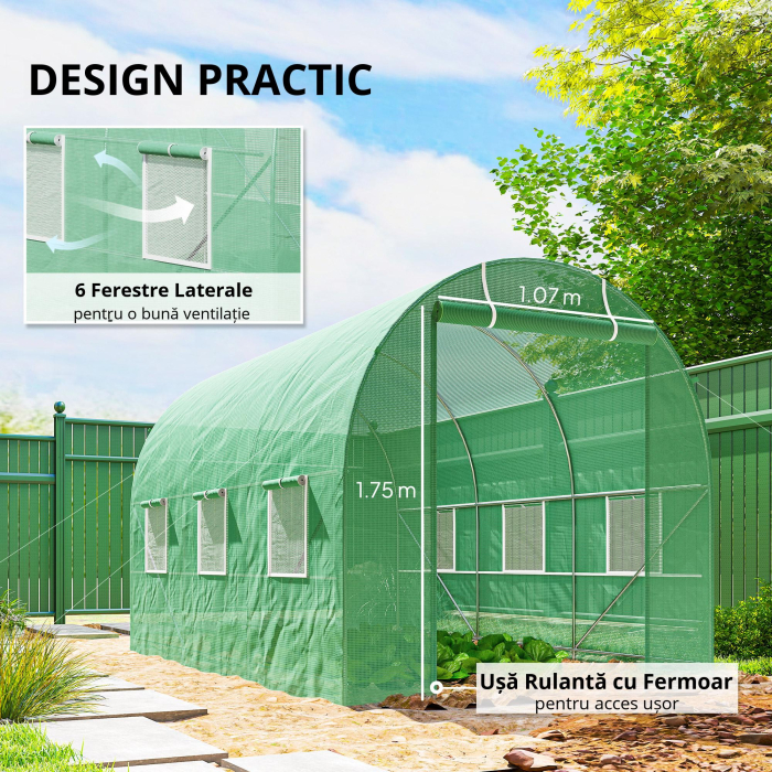  Sera de Gradina cu Ferestre, Usa si Acoperis Rotunjit, 3.5x2x2m, Verde [7]