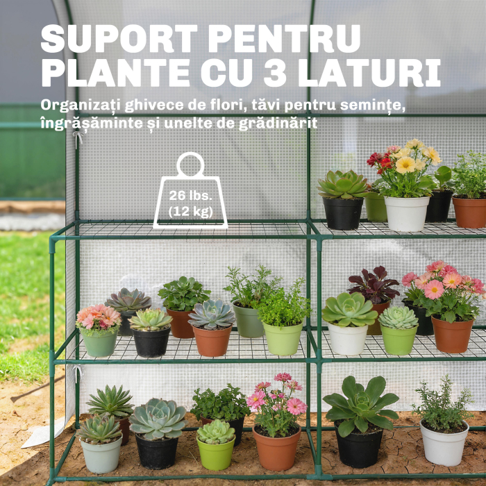  Sera de Gradina cu Rafturi pe 2 Niveluri si Usa Rulabila, Sera pentru Gradina cu Cadru din Otel, Acoperis Anti-UV din PE, pentru Legume, Flori, Plante, 123 x 187 x 189 cm, Alb [4]