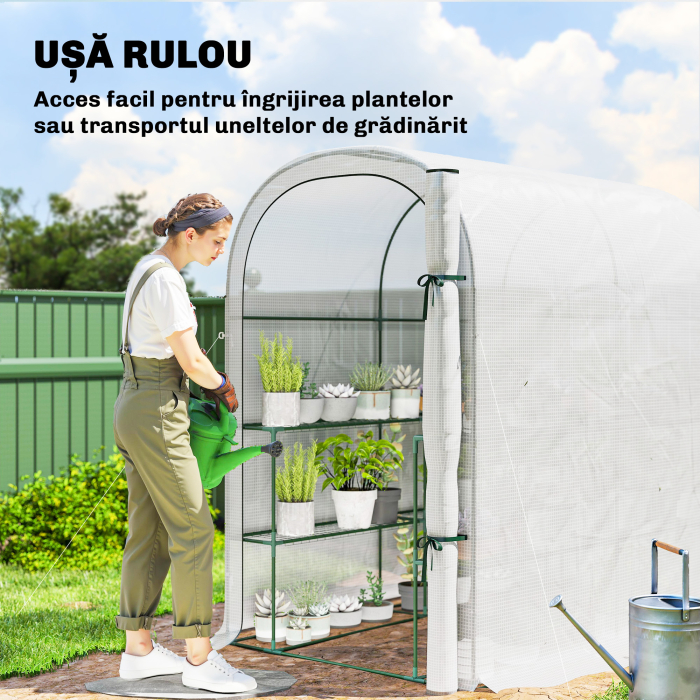  Sera de Gradina cu Rafturi pe 2 Niveluri si Usa Rulabila, Sera pentru Gradina cu Cadru din Otel, Acoperis Anti-UV din PE, pentru Legume, Flori, Plante, 123 x 187 x 189 cm, Alb [6]