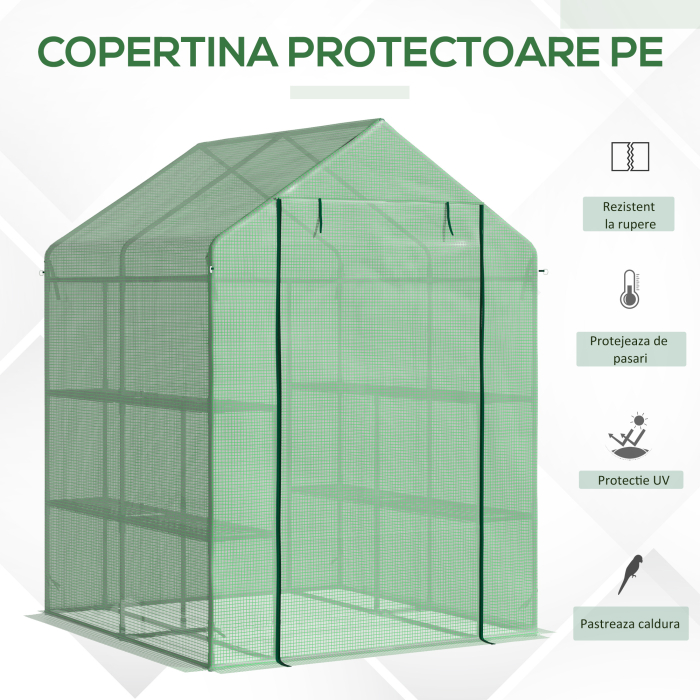  Sera de gradina cu rafturi, protectie din PE si usa care se ruleaza, 143L x 138l x 190H cm, verde [4]