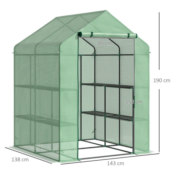  Sera de gradina cu rafturi, protectie din PE si usa care se ruleaza, 143L x 138l x 190H cm, verde [3]