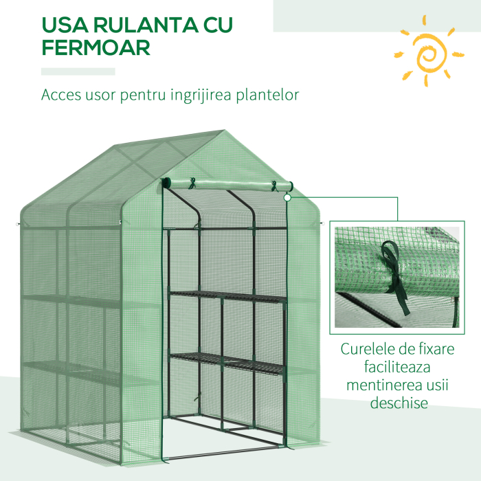  Sera de gradina cu rafturi, protectie din PE si usa care se ruleaza, 143L x 138l x 190H cm, verde [5]