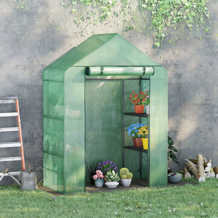  Sera de Gradina din Otel si Plastic PE cu 4 Rafturi, Franghii si Tarusi  Inclusi, 141x72x191 cm, Verde [2]