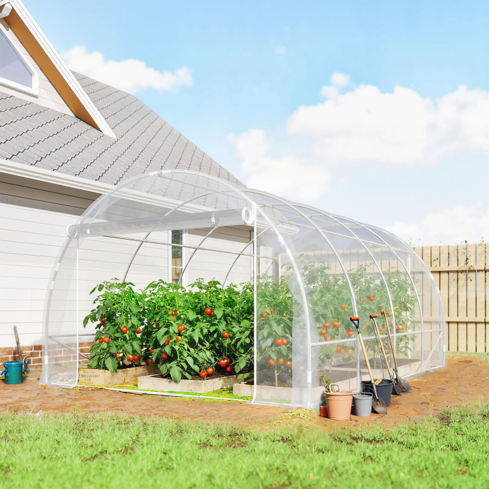  Sera de Gradina Tip Tunel 3x4x2 m cu 2 Usi Rulabile, Sera pentru Legume cu 4 intariri Diagonale, Cadru din Otel si Acoperis PE, pentru Legume, Flori, Fructe, Anti-UV, Transparent [2]