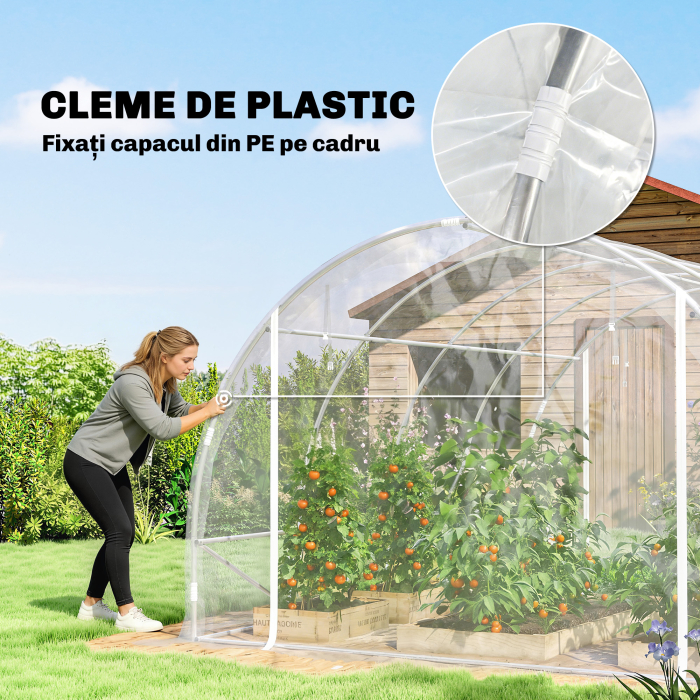  Sera de Gradina Tip Tunel 3x4x2 m cu 2 Usi Rulabile, Sera pentru Legume cu 4 intariri Diagonale, Cadru din Otel si Acoperis PE, pentru Legume, Flori, Fructe, Anti-UV, Transparent [8]