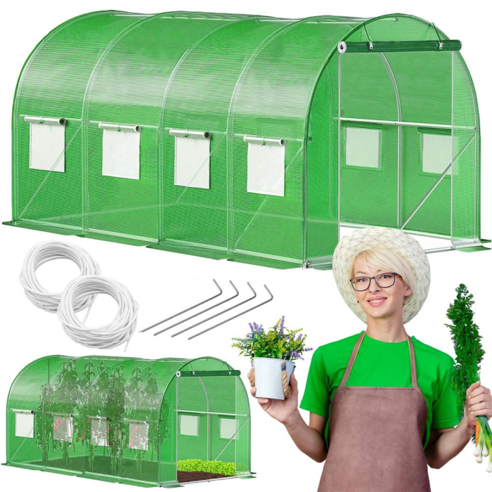 Sera gradina tip tunel 200x450x200 cm, folie PE 140g/m2 UV4, 9 ferestre cu plase tantari, usa cu incuietori, 9 mp, verde [22]