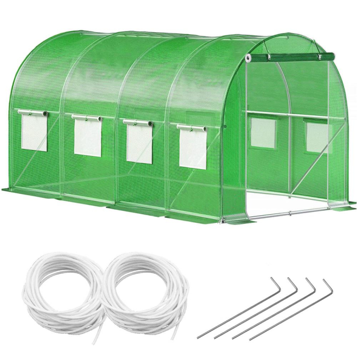 Sera gradina tip tunel 200x450x200 cm, folie PE 140g/m2 UV4, 9 ferestre cu plase tantari, usa cu incuietori, 9 mp, verde [24]