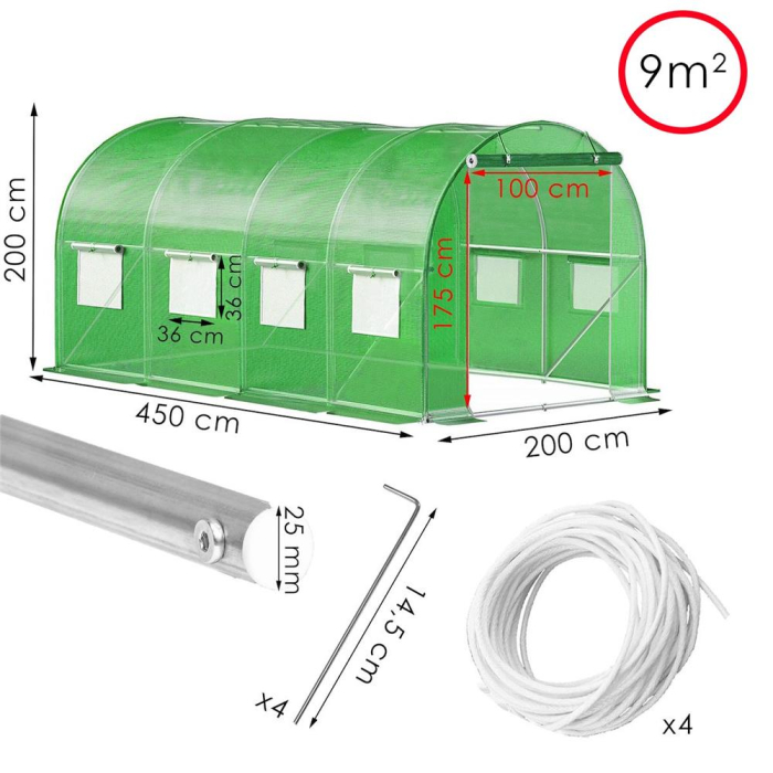Sera gradina tip tunel 200x450x200 cm, folie PE 140g/m2 UV4, 9 ferestre cu plase tantari, usa cu incuietori, 9 mp, verde [30]