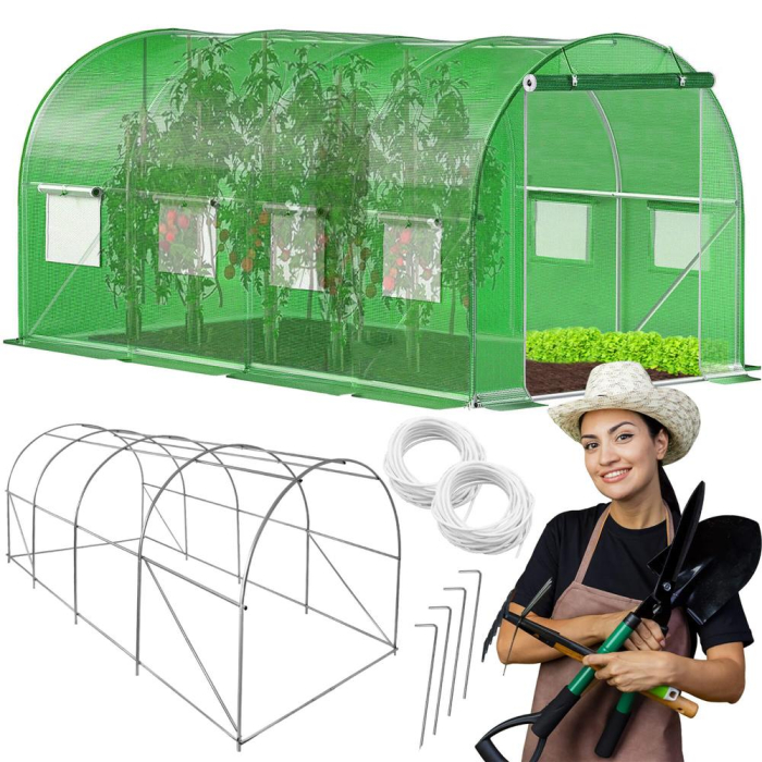 Sera gradina tip tunel 200x450x200 cm, folie PE 140g/m2 UV4, 9 ferestre cu plase tantari, usa cu incuietori, 9 mp, verde [21]