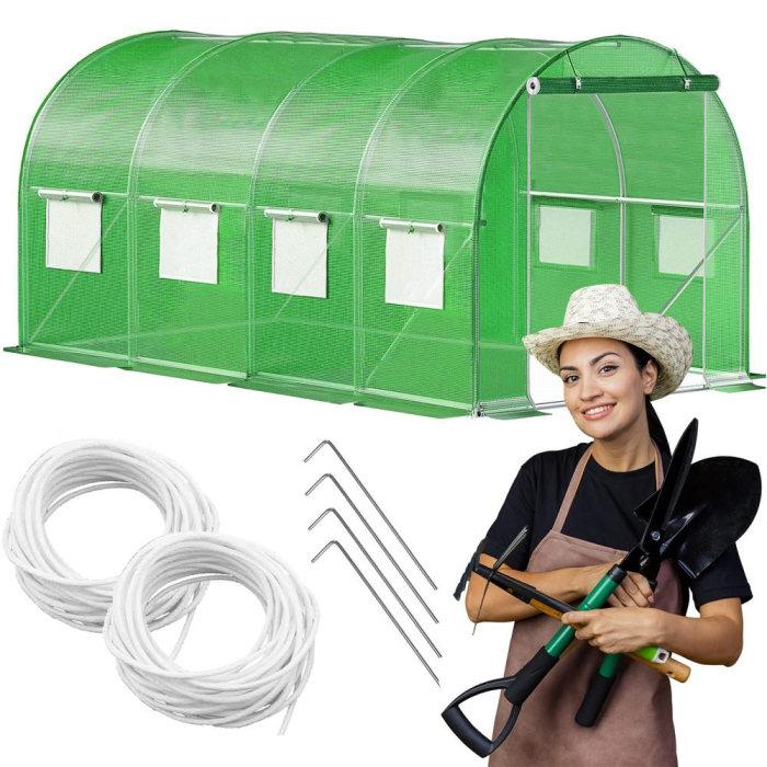 Sera gradina tip tunel 200x450x200 cm, folie PE 140g/m2 UV4, 9 ferestre cu plase tantari, usa cu incuietori, 9 mp, verde [2]