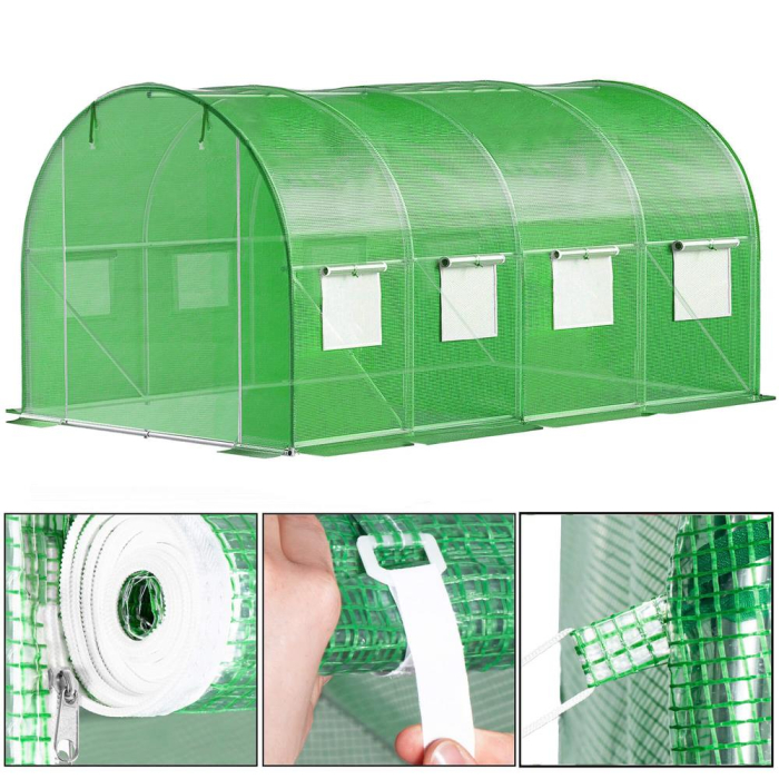 Sera gradina tip tunel 200x450x200 cm, folie PE 140g/m2 UV4, 9 ferestre cu plase tantari, usa cu incuietori, 9 mp, verde [19]