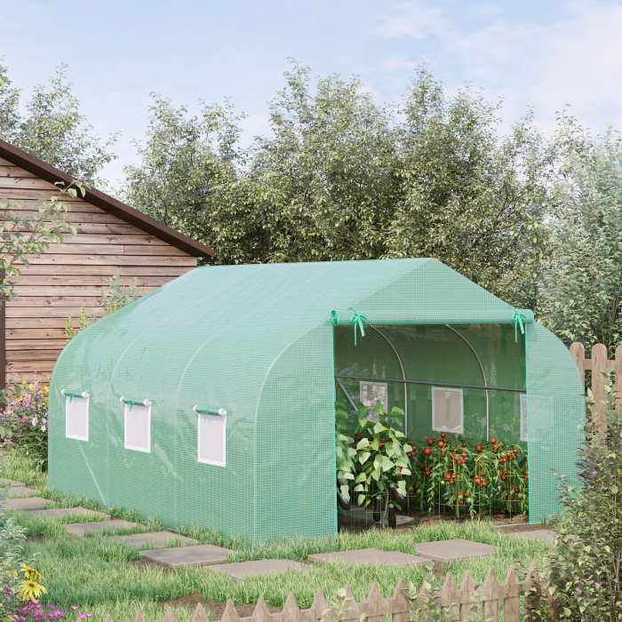  Sera de Gradina Tunel cu Usa Rulanta, 6 Ferestre si Acoperis invelit PE pentru Plante, 3,5x3x2 m, Verde [2]