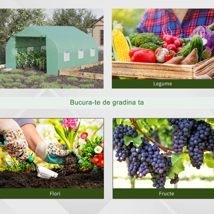  Sera de Gradina Tunel cu Usa Rulanta, 6 Ferestre si Acoperis invelit PE pentru Plante, 3,5x3x2 m, Verde [6]