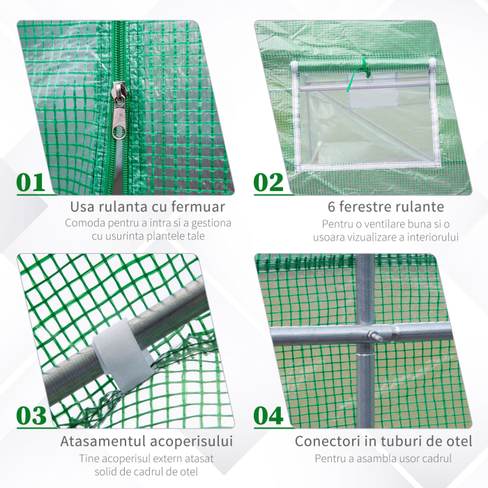  Sera de Gradina Tunel cu Usa Rulanta, 6 Ferestre si Acoperis invelit PE pentru Plante, 3,5x3x2 m, Verde [7]