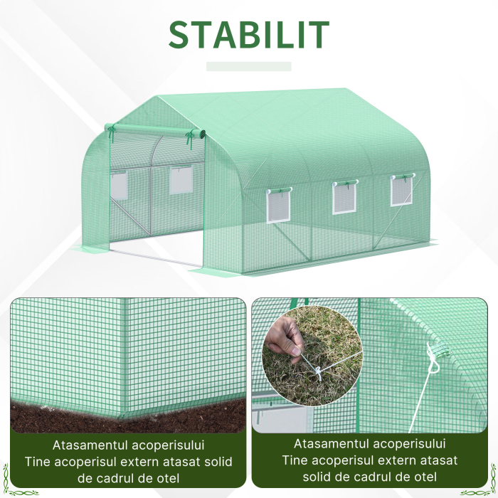  Sera de Gradina Tunel cu Usa Rulanta, 6 Ferestre si Acoperis invelit PE pentru Plante, 3,5x3x2 m, Verde [5]
