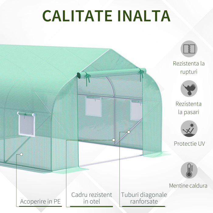  Sera de Gradina Tunel cu Usa Rulanta, 6 Ferestre si Acoperis invelit PE pentru Plante, 3,5x3x2 m, Verde [4]