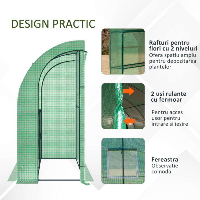  Sera de Perete cu 2 Rafturi pentru Plante si Flori din Otel si PE, 200x100x213cm - Verde [4]
