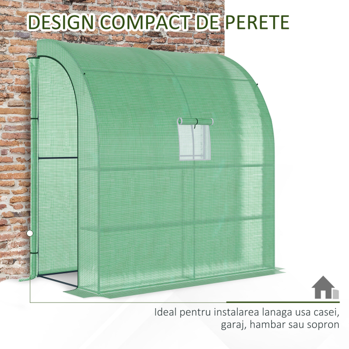  Sera de Perete cu 2 Rafturi pentru Plante si Flori din Otel si PE, 200x100x213cm - Verde [6]