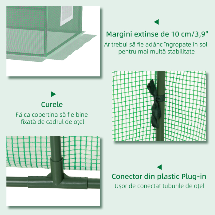  Sera Mica cu 2 Ferestre Laterale si Fereastra Centrala, din Otel, PE si PP, 240x90x90 cm, Verde [7]